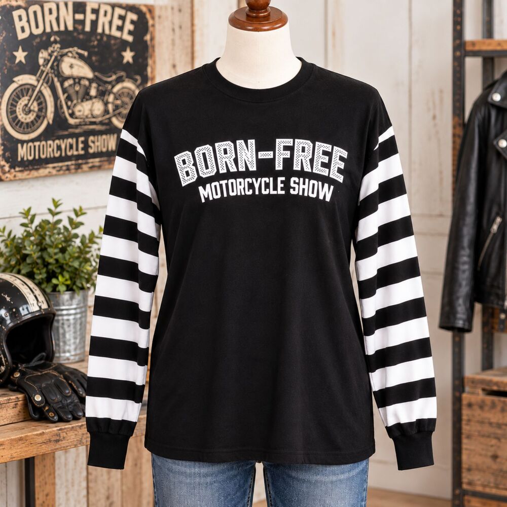 Born Free Motorcycle Show Men's Long Sleeve T Shirt Black Striped Sleeves XL